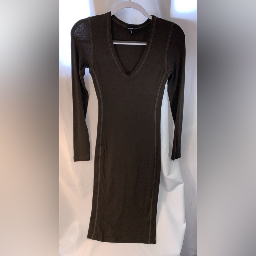 James Perse Brown Olive Green Long Sleeve Dress Size 0 Partial Lined USA Made